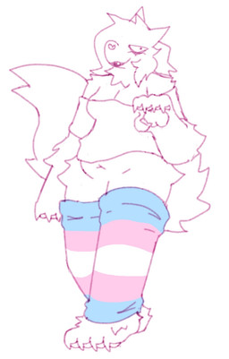 4_toes 5_fingers anthro black_lips clothing feet female fingers heart_nose heart_symbol leg_warmers legwear lgbt_pride lips looking_at_viewer pawpads pride_color_clothing pride_color_leg_warmers pride_color_legwear pride_colors shoulderless_shirt simple_background solo toes transgender_pride_colors white_background bigsteppies canid canine fella_(aimkid) mammal