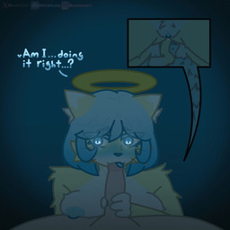 alternate_universe angel_halo anthro bent_legs blue_eyes blue_hair blue_nipples blue_pupils blue_tongue blue_vulva breasts carpet dark_room dialogue duo female female_on_human first_person_view fur genitals hair halo handjob human_on_anthro human_pov humanoid_genitalia humanoid_penis image_bubble in_the_dark interspecies kneeling kneeling_on_ground kneeling_oral_position licking male male/female male_on_anthro male_pov multicolored_body multicolored_fur nipples penile penis pupils sex tail tongue tongue_out vulva whiskers white_body white_fur yellow_body yellow_fur heavensyuri undertale_(series) cyn_(heavensyuri) yuri_(heavensyuri) angel felid feline human hybrid mammal 1:1 animated hi_res