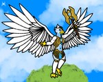 anthro armor axe beak bikini bikini_armor blue_body blue_bottomwear blue_clothing blue_feathers blue_loincloth blue_sky bottomwear breasts chainmail chainmail_bikini chi_(legends_of_chima) claws clothing cloud crown crystal feather_pattern feathers female gold_(metal) gold_armor gold_tiara gold_weapon grass headgear holding_axe holding_object holding_weapon knee_pads loincloth looking_back melee_weapon muscular muscular_arms navel non-mammal_breasts on_one_leg plant royalty sky sky_background skyscape spread_wings standing swimwear tiara two-piece_swimsuit unconvincing_armor weapon white-feathers wings yellow_beak yellow_claws yellow_eyes haribunawa legends_of_chima lego eris_(legends_of_chima) accipitrid accipitriform avian bird eagle 2022