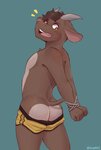 anthro big_butt bottomwear bottomwear_down bound brown_body brown_hair butt clothed clothing hair hands_tied horn looking_back male partially_clothed shorts shorts_down shy solo topless snaftfc bovid bovine cattle mammal absurd_res hi_res