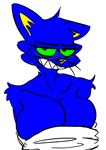 absurd_res anthro big_breasts blue_body blue_fur blue_hair breasts caroline_coughs clothed clothing domestic_cat eyelashes felid feline felis female fur green_eyes hair hi_res kanyewestbearrealye mammal partially_clothed pupils red_pupils slit_pupils solo sparklecare