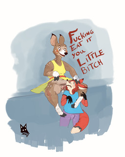 anthro bodily_fluids brown_body brown_fur bulge bully bullying caption clothing dominant dominant_female dress duo female forceful fur genital_fluids genitals hooves intimidation male oral simple_background submissive submissive_male vaginal_fluids vulva yellow_clothing yellow_dress newd facebook facebook_stickers dearest_deer sub_fox canid canine deer fox mammal