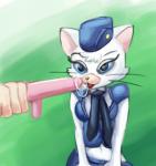 anthro blue_eyes bodily_fluids breasts clothing female fur hat headgear headwear police police_uniform saliva smile solo tongue uniform white_body white_fur damn_lasso_tool metro-goldwyn-mayer tom_and_jerry katy_o'kitty officer_kattie domestic_cat felid feline felis mammal