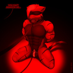 abs anthro arms_tied balls barazoku barbell_piercing bdsm big_muscles black_stripes blindfold bondage bondage_gear bound chastity_cage chastity_device chin_piercing collar covered_eyes dark_stripes degradation deltoids dialogue ear_piercing ear_ring facial_piercing facial_tuft fangs fur genitals hair hands_behind_back inner_ear_fluff kneeling kneeling_on_ground leash leash_pull leashed_collar lock male mind_break monotone_background multicolored_body multicolored_fur muscular muscular_anthro muscular_male muscular_sub neck_tuft nipple_barbell nipple_piercing nipples offscreen_character open_mouth pecs penis piercing pube_peek pubes quads red_light red_lighting ring_piercing sensory_deprivation sex_slave simple_background slave solo speech_bubble spiked_collar spikes striped_body stripes submissive submissive_anthro submissive_male tail teeth text tongue tuft icado_zoyiee blake_wide domestic_cat felid feline felis mammal 1:1 english_text hi_res monochrome red_theme