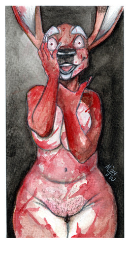 anthro areola big_breasts big_ears biped black_background black_nose blood blood_on_breast blood_on_face blood_on_hand bodily_fluids breasts brown_areola colored_nails covering covering_breasts crazed_look crazy_eyes female genitals hand_on_face inner_labia insane long_nails manicure nails navel open_mouth pubes pupils simple_background smile solo teeth thousand_yard_stare vulva white_nails white_sclera wide_eyed wide_hips mjw_darkmode acacia_(mjw_darkmode) deer mammal 2024 hi_res signature traditional_media_(artwork)