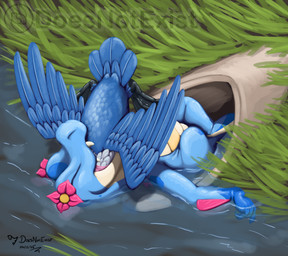 ambiguous_gender ambiguous_prey black_body black_scales blue_body blue_feathers blue_scales countershading crossed_legs eyes_closed fangs feathers feet fin floating flower flower_accessory grass happy lying membrane_(anatomy) on_back oral_vore partially_inside partially_submerged plant scales swamp tan_body tan_scales teeth toes vore water webbed_feet white_body white_feathers yellow_body yellow_scales doesnotexist nintendo pokemon subscribestar lotus_snapjaw avian bird cramorant crocodilian generation_2_pokemon generation_8_pokemon pokemon_(species) reptile scalie totodile 2025 dated digital_media_(artwork) hi_res signature watermark