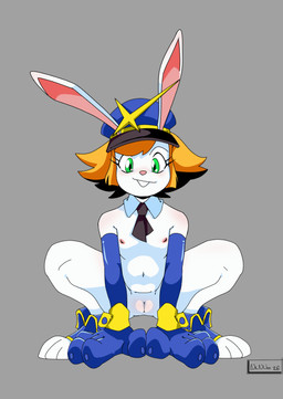 accessory aged_down anthro areola armwear big_hands biped blue_armwear blue_clothing blue_elbow_gloves blue_gloves blue_handwear buckteeth clothing crouching digitigrade elbow_gloves eyebrows female flat_chested front_view fur furgonomic_hat furgonomic_headwear furgonomics genitals gloves green_eyes hair handwear hat headgear headwear humanoid_genitalia humanoid_vulva medium_hair mostly_nude navel necktie nipples orange_hair pink_nose simple_background solo teeth vulva white_body white_fur young young_anthro young_female nanuna dekaduck aiko_rosewood_(dekaduck) lagomorph leporid mammal rabbit 2026 hi_res