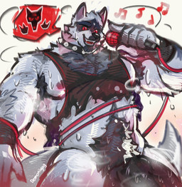 5_fingers alternative_fashion anthro arm_tuft armpit_hair balls barazoku barely_visible_balls barely_visible_genitalia big_penis black_balls black_penis bodily_fluids body_hair bottomless breath casual_exposure cheek_tuft chest_fur chest_hair chin_tuft clothed clothing collar darkened_balls darkened_genitalia darkened_penis dripping ears_up electronics eyebrows facial_markings facial_tuft fingers fur fuzzy genitals grey_body grey_fur happy_trail head_markings head_tuft holding_object looking_at_viewer male markings mask_(marking) microphone muscular muscular_anthro muscular_male musical_symbol musk nipples open_mouth open_smile penis pubes red_eyes rock_out_with_your_cock_out rockstar shirt shoulder_tuft simple_background singing smile solo speech_bubble spiked_collar spikes standing sweat symbol tail tank_top teeth thick_pubes topwear torn_clothing torn_tank_top torn_topwear tuft white_background wraps wrist_wraps demoniyog dreamworks puss_in_boots_(franchise) death_(puss_in_boots) canid canine canis mammal wolf hi_res