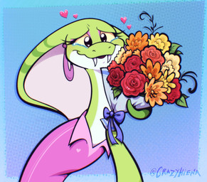 bodily_fluids clothing crying eyelashes fangs female feral flower green_body heart_symbol plant shirt snake_hood solo tears tears_of_joy teeth topwear white_body la-nita cobra reptile scalie snake 2026