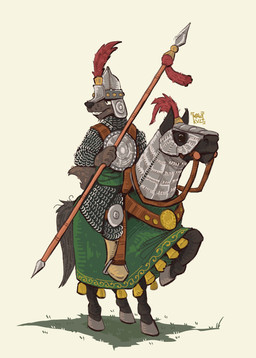 anthro armor black_body black_fur chainmail clothed clothed_anthro clothed_male clothing ears_up feral fur furniture grey_body grey_fur headgear helmet holding_melee_weapon holding_object holding_polearm holding_spear holding_weapon hooves knight looking_aside male melee_weapon ottoman ottoman_(civilization) polearm riding_horse smile solo spear tail teeth teeth_showing turkey_(country) warrior weapon mawkvlt canid canine canis equid equine horse mammal wolf hi_res