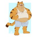 anthro belly boxers_(clothing) clothing fur male orange_body orange_fur overweight overweight_male shirt slightly_chubby solo stripes tank_top topwear underwear unknown_artist garfield_(series) sony_corporation sony_pictures the_garfield_movie_(2024) vic_(garfield) domestic_cat felid feline felis mammal hi_res