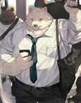 anthro belly bottomwear brown_body brown_fur cellphone clothing detailed_background electronics fur group humanoid_hands kemono male necktie overweight overweight_male pants phone shirt smartphone topwear white_body white_fur yed bear canid canine canis domestic_dog mammal 2024 absurd_res hi_res