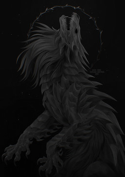 ambiguous_feral ambiguous_gender empty_eyes fangs feral open_mouth scales sharp_teeth side_view simple_background solo teeth text santanahoffman species_request 2025 absurd_res artist_name dated hi_res monochrome