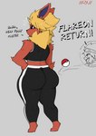 anthro anthrofied big_butt bottomwear bra breasts butt clothed clothing dialogue duo female fluffy fluffy_tail fur male master midriff neck_tuft pants pokemorph pose red_body red_fur sports_bra tail thick_thighs tuft underwear wide_hips yellow_body yellow_fur yoga_pants akibarx nintendo pokemon isaac_(akibarx) eeveelution flareon generation_1_pokemon human mammal pokemon_(species) hi_res