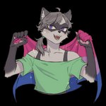 ambiguous_gender anthro bisexual_pride_colors clothing crop_top cute_fangs fangs femboy flag flag_(object) hair holding_flag holding_object lgbt_pride male pawpads ponytail pride_color_flag pride_colors purple_eyes shirt slim_anthro slim_male smile solo sparkles teeth topwear banatoru vael vael_hoshi mammal procyonid raccoon 1:1 alpha_channel hi_res