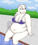 anthro arms_by_side belly bent_legs big_belly clothing ear_on_shoulder female floppy_ears legs_in_water legs_over_edge looking_away lop_ears navel outside over_edge overweight overweight_anthro overweight_female partially_submerged poolside sitting sky soaking_feet solo straight_arms submerged_legs swimming_pool swimwear water wenisberry undertale undertale_(series) toriel bovid caprine goat mammal hi_res