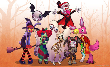 angry anthro bat_costume blush broom cape cat_costume cat_onesie cleaning_tool clothing costume dress embarrassed female floating forest ghost_costume group hat headgear headwear holidays looking_at_viewer male mummy_costume mummy_wrappings open_mouth plant rag_doll_(toy) smile standing tail tree unsure vampire_costume werewolf_costume whiskers witch_costume zombie_costume absolutedream glitch_productions halloween the_amazing_digital_circus bubble_(tadc) caine_(tadc) gangle_(tadc) jax_(tadc) kinger_(tadc) pomni_(tadc) ragatha_(tadc) winds human lagomorph leporid mammal rabbit absurd_res hi_res