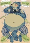 anthro barefoot bloated blush burp_cloud burp_fetish burping clothed clothing embarrassed fart fart_cloud fart_fetish feet gassy hungry male overweight overweight_male paws smelly solo text 934 beastars legoshi_(beastars) canid canine canis mammal wolf english_text hi_res