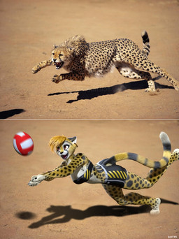 anthro athletic_wear ball bandeau barefoot black_spots blonde_hair bottomwear clothed clothing comparison day ear_piercing ear_tag feet female feral fur gym_bottomwear gym_shorts hair multiple_forms photo piercing plantigrade shorts solo sport spots toes topwear volleyball_(ball) yellow_body yellow_fur zorryn mirall cheetah felid feline mammal 3d_(artwork) better_version_at_paywall digital_media_(artwork) hi_res
