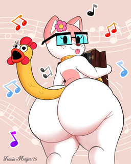 accessory accordion anthro big_butt blep brown_nose butt clothing eyewear female flower_hair_accessory flower_on_head fur glasses huge_butt living_tail looking_at_viewer looking_back looking_back_at_viewer markings multicolored_body multicolored_fur musical_instrument musical_note musical_symbol necktie pattern_clothing pink_body pink_fur rubber_chicken solo spots spotted_body spotted_fur symbol tail text thick_thighs tongue tongue_out unusual_anatomy unusual_tail white_body white_fur wide_hips travis_mayer april_the_fool_(acstlu) avian bird chicken domestic_cat felid feline felis galliform mammal phasianid 2026 artist_name digital_media_(artwork) hi_res signature