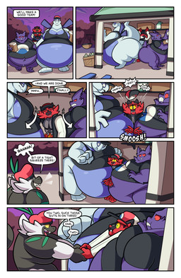 4_fingers anthro belly belly_squish big_hands black_body black_clothing black_eyes black_fur black_jacket black_topwear blue_belly blue_body border clothed clothed_anthro clothed_male clothing co-manager dialogue fangs fingers fully_clothed fully_clothed_anthro fully_clothed_male fur garage green_eyes group helping jacket laugh male manager morbidly_obese morbidly_obese_anthro morbidly_obese_male multicolored_body multicolored_fur obese obese_anthro obese_male onomatopoeia open_clothing open_jacket open_topwear open_vest orange_eyes overweight overweight_anthro overweight_male park park_ranger purple_body red_body red_eyes red_fur red_sclera shirt smile smothering sound_effects speech_bubble squish t-shirt teeth text topwear trio underbite vest white_body white_border white_sclera work_uniform yellow_sclera roundwombo nintendo pokemon fang_(roundwombo) layn liam_(roundwombo) rolf_(roundwombo) elemental_creature felid generation_1_pokemon generation_2_pokemon generation_7_pokemon gengar ghost incineroar legendary_pokemon lugia mammal pantherine passimian pokemon_(species) spirit tiger 2025 absurd_res comic english_text hi_res multiple_scenes