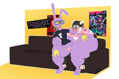 2_horns 3_toes 4_fingers annoyed anthro big_butt bodily_fluids braces bulge butt butt_imprint detailed_bulge duo eyebrows eyewear feet fingers furniture furrowed_eyebrows genitals glasses hand_on_butt hooves horn huge_butt huge_thighs hyper hyper_butt hyper_thighs lisp looking_back male moobs narrowed_eyes nerd nerdification on_lap on_sofa overbite overweight overweight_male penis sitting sitting_on_lap sitting_on_sofa small_penis sofa speech_bubble sweat sweat_stain sweatdrop sweaty_butt thick_thighs toes wide_eyed itsme_hilo deltarune glitch_productions hello_kitty_(series) new_blood_interactive reddit sanrio the_amazing_digital_circus ultrakill undertale_(series) jax_(tadc) bovid bovine cattle lagomorph leporid mammal rabbit 3:2 absurd_res hi_res
