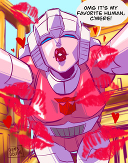 autobot dialogue female first_person_view heart_symbol kiss_mark lipstick machine makeup metallic_body not_furry pink_body solo text dumbdelvon hasbro takara_tomy transformers arcee cybertronian humanoid robot robot_humanoid 2023 absurd_res english_text hi_res