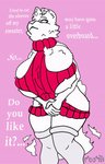 anthro areola areola_slip big_areola big_breasts blush blushing_profusely bodily_fluids breast_milking breasts clothed clothing embarrassed erect_nipples eyebrows female fur hair huge_breasts huge_hips huge_thighs hyper hyper_breasts lactating lactating_through_clothing legwear milk milk_orgasm nipple_fetish nipple_orgasm nipple_play nipples no_underwear open_mouth orgasm orgasm_face overweight overweight_anthro overweight_female projectile_lactation red_clothing red_sweater red_topwear ribbed_clothing ribbed_sweater shy simple_background smile solo speech_bubble standing stockings sweater tail tail_between_legs text thick_eyebrows thick_thighs thigh_highs topwear wet wet_clothing white_body white_fur white_hair wide_hips wolf_tail moomis canid canine canis mammal wolf animated digital_media_(artwork) flat_colors short_playtime slideshow