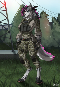 anthro claws digitigrade female fluffy fluffy_tail fur grass gun hair handgun looking_at_viewer outside plant ranged_weapon smile solo standing tactical_gear tail tree weapon hazakyaracely canid canine canis mammal wolf hi_res