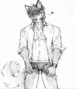 anthro arm_tuft black_briefs black_clothing black_underwear blush blush_lines boxer_briefs briefs bulge cheek_tuft chest_tuft closed_smile clothed clothing facial_tuft front_view fur hair heart_symbol male messy_hair mouth_closed navel neck_tuft short_hair simple_background smile solo standing topwear tuft underwear unsigned akatan_art canid canine fox mammal greyscale hi_res monochrome portrait three-quarter_portrait traditional_media_(artwork)