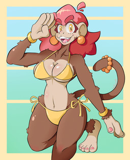 5_fingers 5_toes anthro barefoot big_breasts big_ears bikini bracelet breasts brown_body brown_fur clothed clothing colored_nails ear_piercing ear_ring eyebrows feet female fingers fur gesture hair humanoid_feet jewelry looking_at_viewer nails navel on_one_leg one_leg_up open_mouth piercing pink_hair plantigrade raised_leg ring_piercing salute side-tie_bikini simple_background smile solo standing string_bikini swimwear tail teeth thick_eyebrows toes tongue two-piece_swimsuit miniscule_(minisculeiscool) haplorhine mammal monkey primate digital_media_(artwork) hi_res
