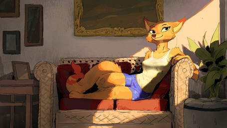 anthro areola_outline barefoot bottomwear breasts camisole clothing denim denim_bottomwear denim_clothing denim_shorts detailed_background feet female fur furniture long_tail on_sofa orange_body orange_fur pointy_ears reclining shorts simple_eyes snout sofa solo tail ruffu megan_fawkes canid canine fox mammal 16:9 digital_drawing_(artwork) digital_media_(artwork) hi_res widescreen