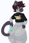 abstract_background anthro beverage_can big_butt blue_eyes brown_hair butt clothing crop_top fur grey_body grey_fur hair hand_on_hip huge_butt looking_at_viewer male purple_body purple_fur shirt solo text text_on_clothing thick_thighs topwear cytrusawa valery_funika domestic_cat felid feline felis mammal siamese absurd_res hi_res