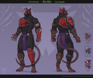 abs anthro arm_guards armor back_muscles belt big_bulge biped black_body black_claws black_fur bottomwear bracers bulge claws clothing detailed_bulge front_view fur harness headgear helmet leather leg_guards logo loincloth long_tail looking_aside male male_anthro male_focus metal multicolored_body muscular muscular_male palette paws pecs pink_nose rear_view red_armor red_eyes red_sclera scar shoulder_guards simple_background snout solo spikes standing straps tail text turnaround two_tone_body undressed wolfarion warhammer_(franchise) mammal murid murine rat rodent skaven 2026 absurd_res artist_logo colored dated english_text full-length_portrait hi_res letterbox model_sheet portrait shaded
