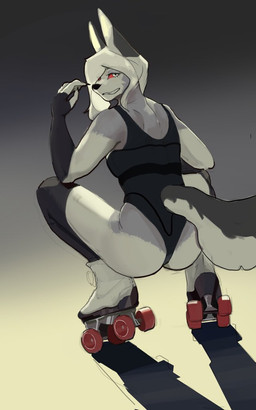 anthro big_butt butt clothing crouching female female_anthro footwear quad_skates rear_view roller_skates simple_background solo brendanhparty hellaverse helluva_boss loona_(helluva_boss) canid canid_demon canine demon hybrid mammal 5:8