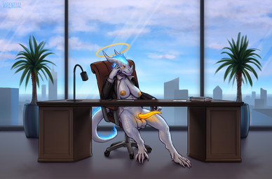 abs animal_genitalia anthro areola balls big_breasts blue_flames boss breasts building chair claws desk furniture genitals glowing glowing_genitalia glowing_penis gynomorph halo intersex muscular muscular_anthro nipples non-mammal_breasts non-mammal_nipples office office_chair office_clothing office_lady penis quads sheath skyscraper solo table tapering_penis white_balls white_breasts yellow_areola yellow_nipples yellow_penis virensere mythology andras angel dragon mythological_creature mythological_scalie scalie absurd_res hi_res