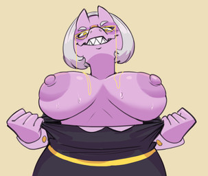 2_horns anthro areola bedroom_eyes big_areola big_breasts bodily_fluids breasts clothing elderly elderly_anthro elderly_female exposed_breasts eyelashes eyewear female front_view glasses glistening glistening_body glistening_breasts glistening_scales grey_hair hair horn huge_areola looking_at_viewer mature_anthro mature_female narrowed_eyes nipples puffy_nipples purple_body purple_scales scales seductive sharp_teeth short_hair simple_background smile solo sweat sweatdrop sweaty_breasts tan_background teeth undressing yellow_eyes enfoke goodbye_volcano_high ko_op_(game_developer) mrs._roberts_(gvh) ceratosaurid ceratosaurus dinosaur prehistoric_species reptile saurischian scalie theropod 2026 digital_drawing_(artwork) digital_media_(artwork) hi_res