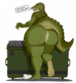 anthro big_butt biped blush bodily_fluids butt claws container cum cum_on_butt cup dialogue dumpster feet female finger_claws fingers genital_fluids green_body green_eyes green_scales half-closed_eyes head_turned huge_butt humanoid_feet looking_at_viewer looking_back markings narrowed_eyes nude nude_anthro nude_female open_mouth plantigrade pose rear_view scales shadow solo speech_bubble spots spotted_markings tail talking_to_viewer text thick_thighs toes wide_hips fathomcube lizz_(shoestrang) alligator alligatorid crocodilian reptile scalie 2025 colored english_text full-length_portrait hi_res pinup portrait shaded