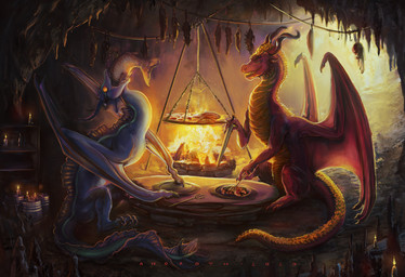 candle cave cutlery date digitigrade duo eating feral fire food fork grill kitchen_utensils male meat membrane_(anatomy) membranous_wings quadruped scales swallowing tail tools ventral_scales wings anoroth european_mythology mythology dardranac yissachar aquatic dragon fish mythological_creature mythological_scalie scalie western_dragon wyvern hi_res