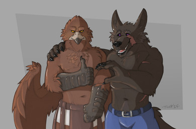 annoyed anthro avian_arms beak belt bottomwear bulge claws clothed clothing denim denim_bottomwear denim_clothing duo feathered_wings feathers feet fur gesture hand_gesture hand_on_shoulder happy heart_gesture hug hugging_another jeans looking_at_viewer male male_anthro monotone_body muscular muscular_anthro muscular_male navel open_mouth open_smile orange_eyes pants purple_eyes scar simple_background smile snout talons teeth thumbs_up toes toony topless topless_anthro topless_male unrequited_heart_gesture wings sillywerwolf elden_ring elden_ring_nightreign fromsoftware blaidd_(elden_ring) guardian_(nightreign) accipitrid accipitriform avian bird canid canine canis eagle mammal wolf digital_media_(artwork) hi_res