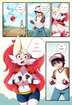 absurd_res anthro blush braixen bray_(lucyfercomic) breasts canid clothing confusion covering covering_breasts cute_fangs duo excited exposed_breasts female generation_6_pokemon grass hair hair_over_eyes hat headgear headwear hi_res human inner_ear_fluff lucyfercomic male mammal midriff nintendo outside plant pokeball pokemon pokemon_(species) pokemon_trainer rock sparkles speech_bubble tuft