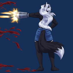 amber_eyes anthro black_body black_fur black_tail blood bodily_fluids bottomwear clothing dipstick_tail female fur gatling_gun gun gun_arm hair half-closed_eyes looking_away machine_gun markings minigun muzzle_flash narrowed_eyes pockets pointy_ears ranged_weapon red_markings shorts simple_background solo tail tail_markings transparent_background unimpressed weapon weapon_arm white_hair white_markings white_tail_tip wirwik lena_the_jackal canid canine canis jackal mammal 1:1 alpha_channel hi_res