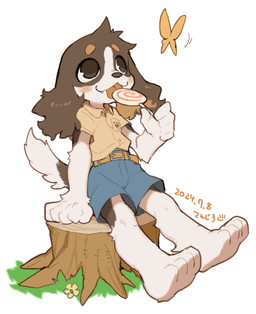 ambiguous_gender anthro barefoot belt blush blush_stickers bottomwear brown_body brown_eyes brown_fur candy cat_smile clothing collared_shirt denim denim_bottomwear denim_clothing denim_shorts dessert feet flower food footprint fur grass lollipop pawprint plant shirt shorts simple_background sitting_on_stump solo tail tan_clothing tan_shirt tan_topwear tongue tongue_out topwear tree_stump white_background white_body white_fur sanjiro arthropod bird_dog butterfly canid canine canis domestic_dog hunting_dog insect lepidopteran mammal spaniel 2024 dated hi_res