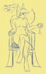 anthro biped breasts cigarette crossed_legs dialogue feet female navel nipples nude sitting smoking solo text valtik canid canine fox mammal 2015 english_text monochrome sketch yellow_theme