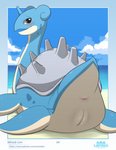 2020 absurd_res anus artist_name beach blue_body blue_border blush border butt cloud countershading day digital_media_(artwork) female feral fin generation_1_pokemon genitals hi_res horn lapras lapras_paradise looking_at_viewer looking_back looking_back_at_viewer nintendo number outside page_number pokemon pokemon_(species) presenting presenting_pussy pussy sand sea seaside shell smile solo tailbutt text url water winick-lim