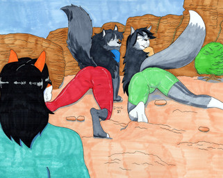 anthro barefoot butt digitigrade exercise feet female female/female group hiking male plantigrade presenting presenting_hindquarters soles workout dreadwolfclaw1990 andrew_(acebird1234) sarah_(acebird1234) sybil_mccready sybil_vaadia canid canine canis dire_wolf fox mammal prehistoric_species wolf hi_res