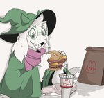 anthro bag beverage clothing eating eyewear food fur glasses green_clothing green_hat green_headwear green_robe happy hat headgear headwear male pink_scarf robe sandwich_(food) scarf simple_background solo white_background white_body white_fur wizard_hat unknown_artist arby's deltarune undertale_(series) ralsei bovid caprine darkner goat mammal