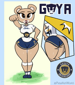 anthro brown_eyes butt camel_toe clothing curvy_figure cutout female hand_on_hip looking_at_viewer mascot raised_arm small_waist soccer_uniform solo sportswear standing uniform wide_hips petal_ash_works club_universidad_nacional dhl liga_mx nike goya_(pumas_unam) cougar felid feline mammal 2026 absurd_res colored hi_res