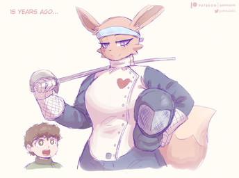 accessory aged_down alternate_species anthro clothed clothing duo ear_piercing eyebrows eyelashes female fencing_jacket fencing_mask gloves hair handwear headband holding_object mask melee_weapon open_mouth piercing pupils purple_eyes purple_pupils saber simple_background sports_mask sportswear star_pupils tail text weapon gammainks nintendo pokemon roy_(gammainks) vanessa_(gammainks) eevee generation_1_pokemon human mammal pokemon_(species) 2025 digital_media_(artwork) english_text hi_res