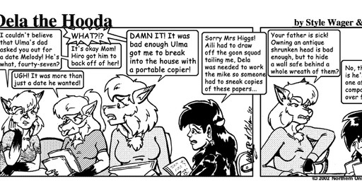 anthro breasts clothed clothed_female clothing dialogue dipstick_ears ear_markings eyewear female fur gloves_(marking) goggles group hair jacket male markings multicolored_ears text topwear style_wager dela_the_hooda dela_aldershaw melody_aldershaw mrs._aldershaw ulma_(dela_the_hooda) canid canine fox goblin hooda humanoid mammal 2002 comic english_text greyscale monochrome